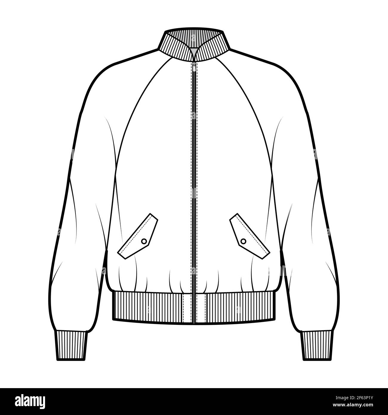 Zip-up Bomber ma-1 flight jacket technical fashion illustration with Rib baseball collar, cuffs, waistband, long raglan sleeves. Flat coat template front, white color. Women men unisex top CAD mockup Stock Vector