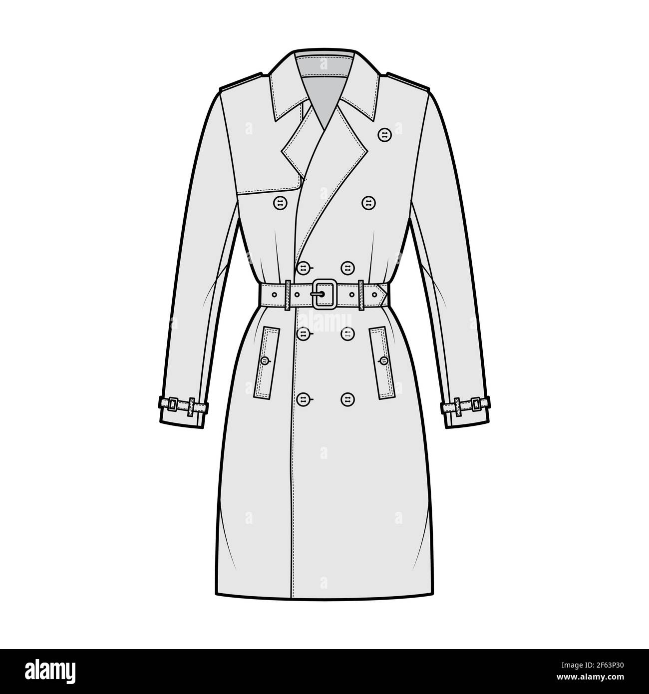 Trench coat technical fashion illustration with belt, double breasted, fitted, long sleeves, napoleon wide lapel collar. Flat jacket template front, grey color style. Women unisex top CAD mockup Stock Vector