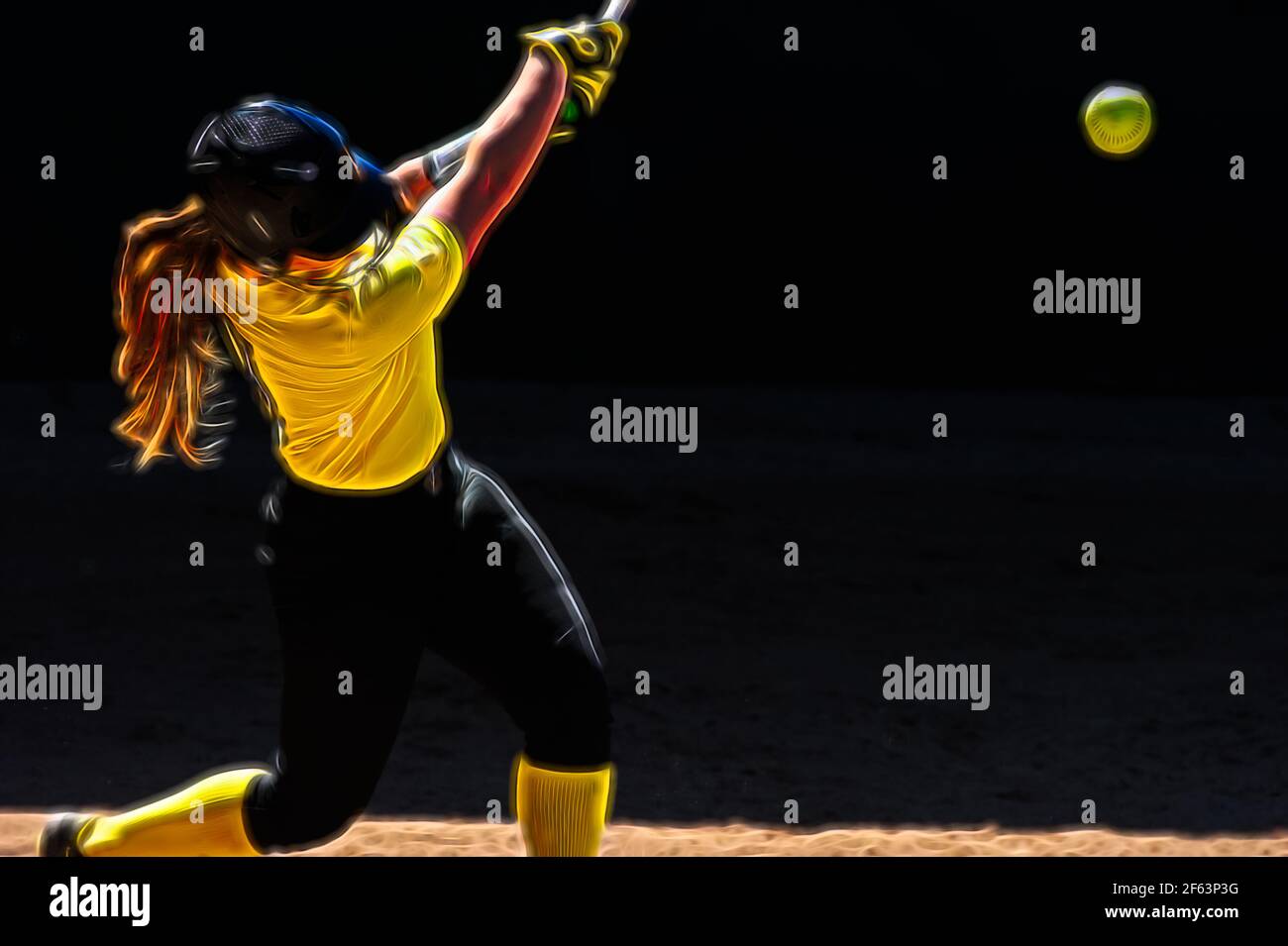 A Female Softball Player Is Batting Swinging For The Fences Stock Photo Alamy