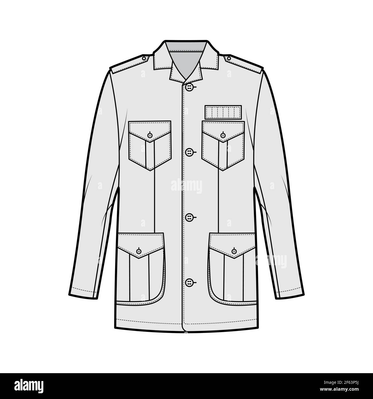 Safari jacket technical fashion illustration with oversized, open collar, long sleeve, pockets, button fastening, epaulettes. Flat coat template front grey color style. Women men unisex top CAD mockup Stock Vector