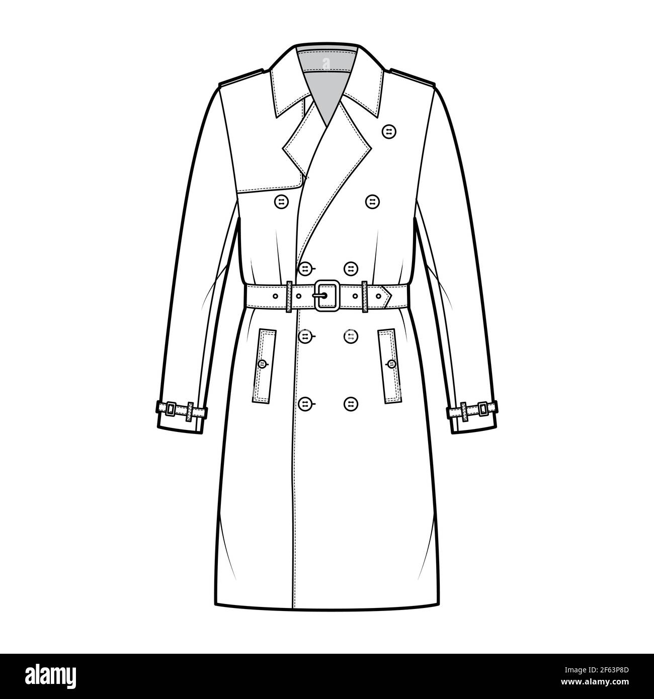 Trench coat technical fashion illustration with belt, double breasted, long sleeves, knee length, storm flap. Flat jacket template front, white color style. Women, men, unisex top CAD mockup Stock Vector