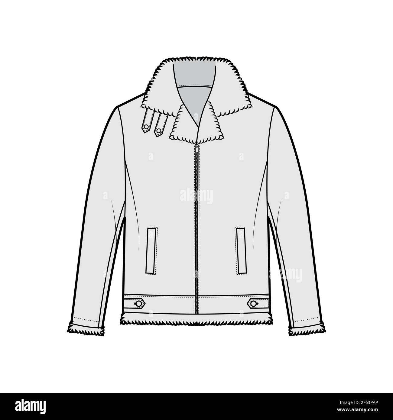 Zip-up Bomber leather jacket technical fashion illustration with fur shearing, oversized, thick collar, long sleeves, welt pockets. Flat coat front, grey color style. Women men unisex top CAD mockup Stock Vector