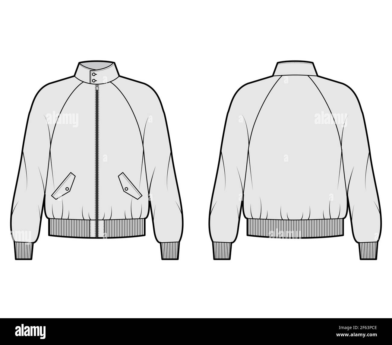 Zip-up Harrington Bomber jacket technical fashion illustration with Rib cuffs, waistband, oversized, flap pockets. Flat coat template front, back, grey color. Women men unisex top CAD mockup Stock Vector