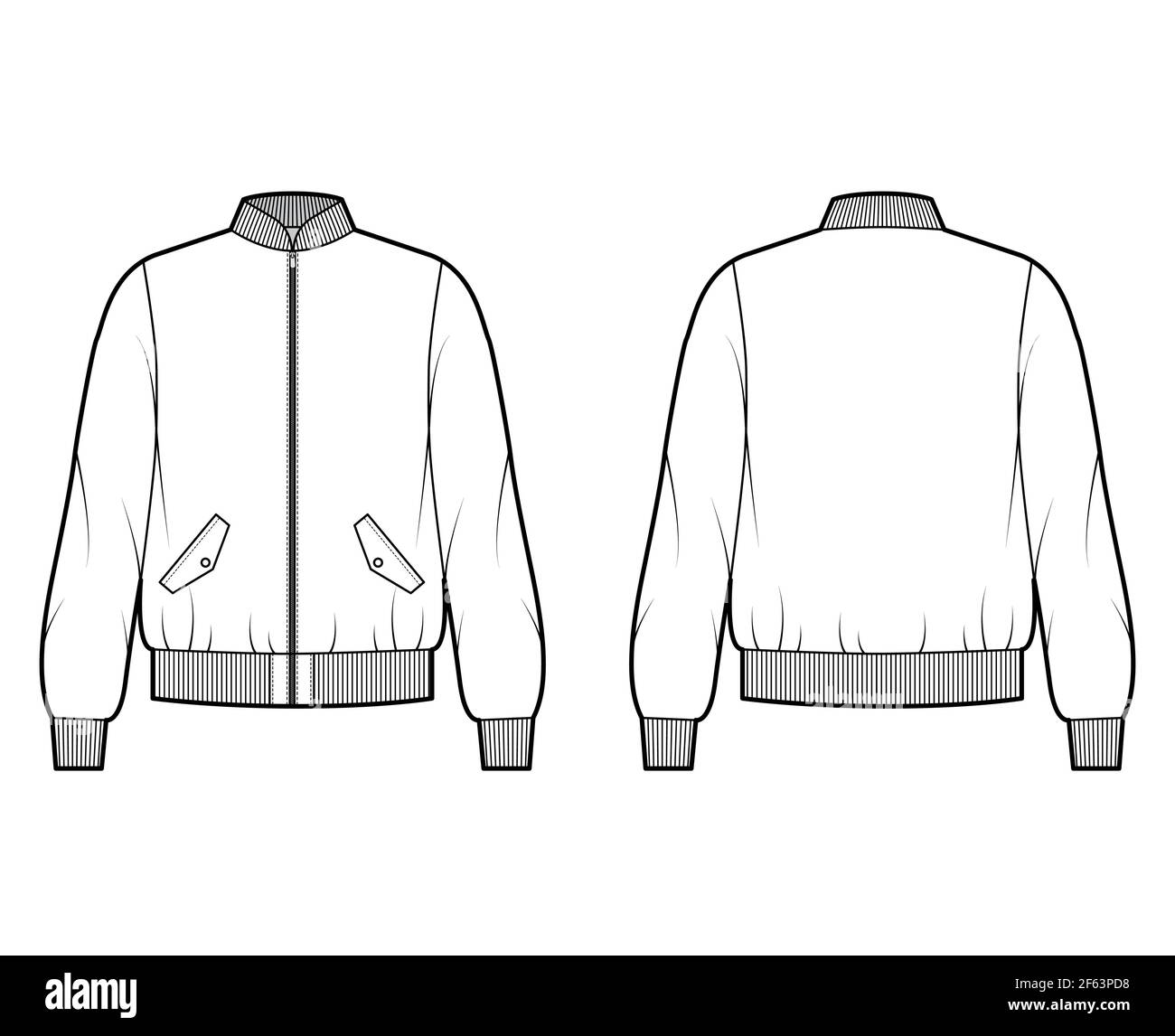 Zip-up Bomber ma-1 flight jacket technical fashion illustration with Rib baseball collar, cuffs, waistband , oversized, long sleeves. Flat coat template front, back white color. Women men CAD mockup Stock Vector