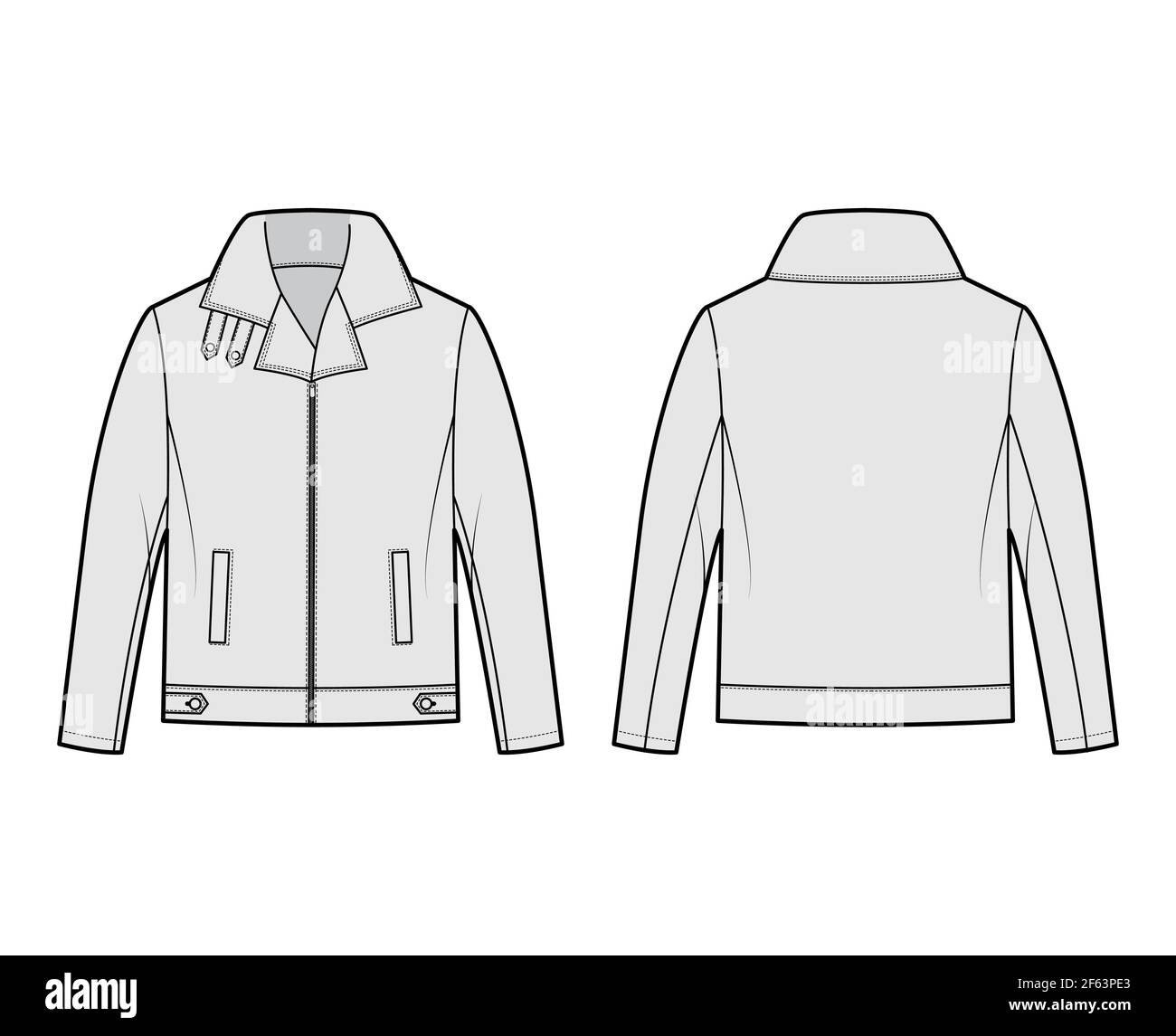 Zip-up Bomber leather jacket technical fashion illustration with tabs, oversized, thick collar, long sleeves, welt pockets. Flat coat template front, back grey color style. Women men unisex CAD mockup Stock Vector