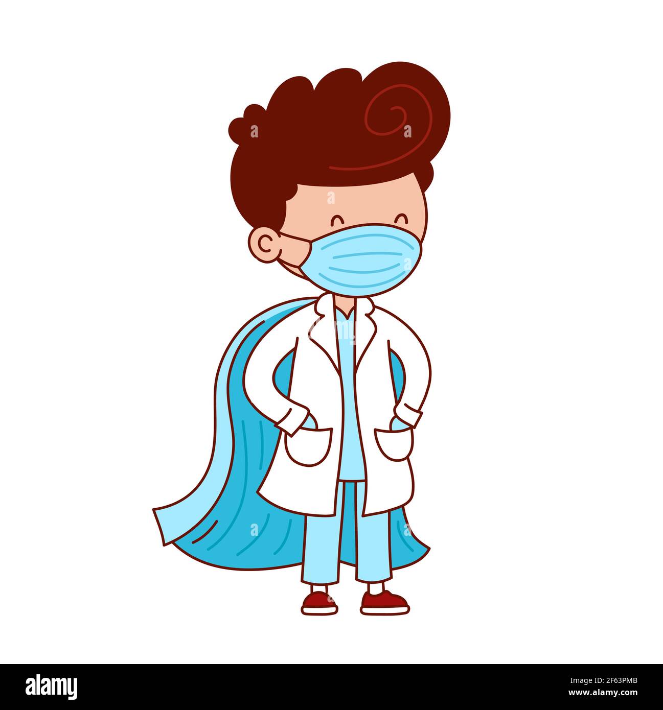 Cute doctor with medical masks and super hero cape. Vector cartoon character flat line illustration. Isolated on white background. Superhero medical healtcare workers concept Stock Vector