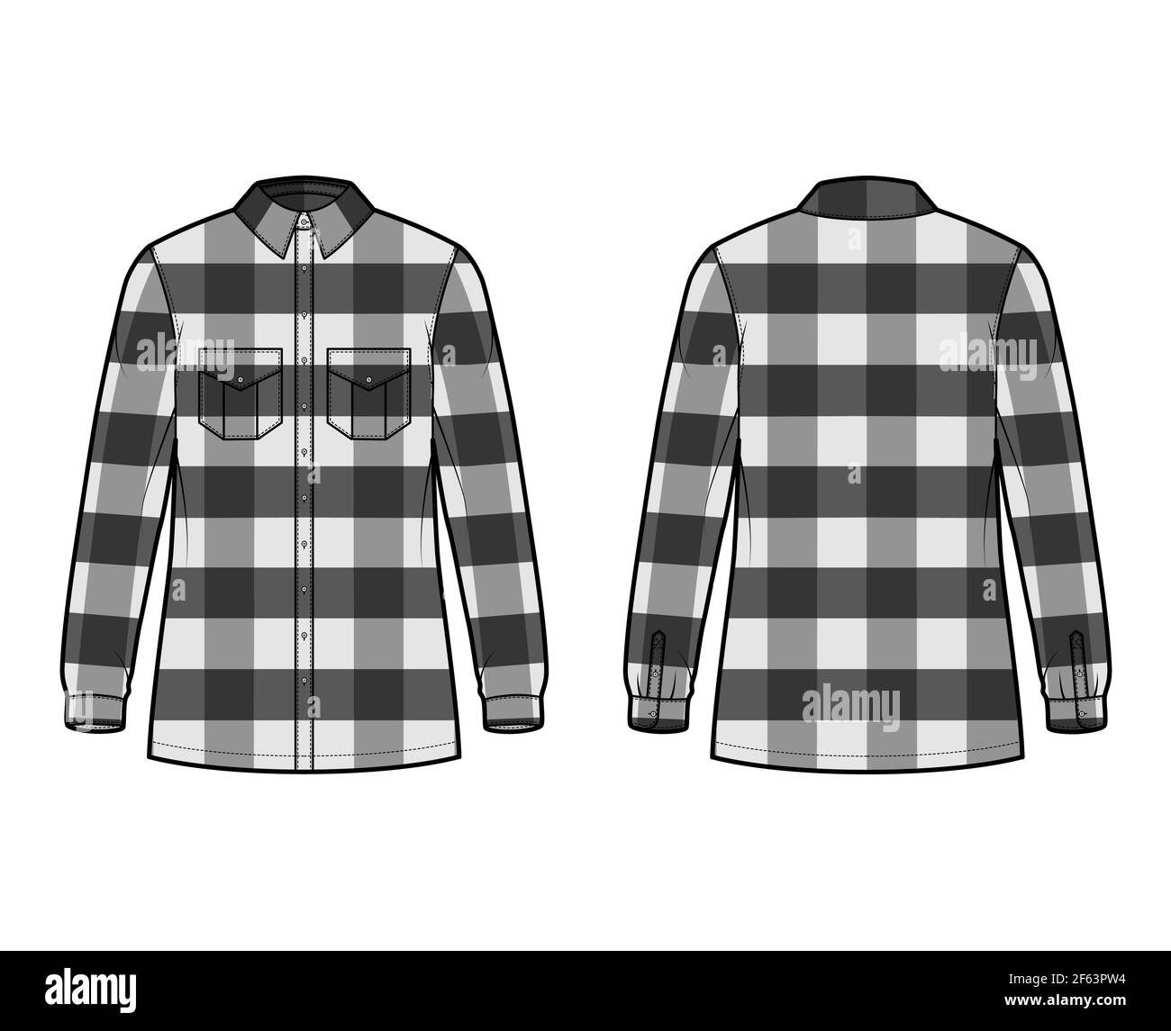 Lumber jacket technical fashion illustration with Buffalo Check motif, flap pockets, button closure, classic collar, long sleeves. Flat apparel front, back, grey color style. Women, unisex CAD mockup Stock Vector
