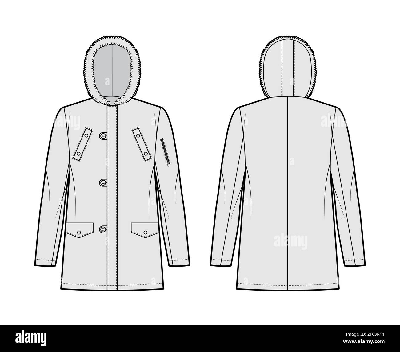 N-3B flight parka technical fashion illustration with oversized, fur hood, long sleeves, pockets, button loop opening. Flat coat template front, back grey color style. Women men unisex top CAD mockup Stock Vector