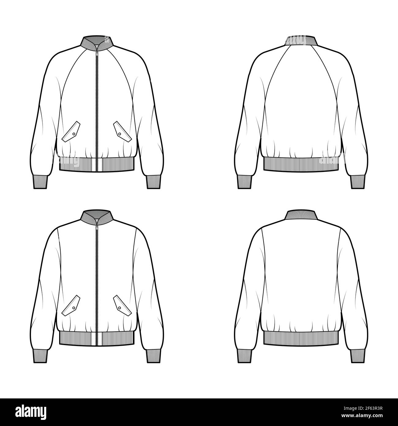 Set of Zip-up Bomber jackets technical fashion illustration with Rib baseball collar, cuffs, oversized, long raglan sleeves, flap pockets. Flat coat template front, back white color. Women men top CAD Stock Vector