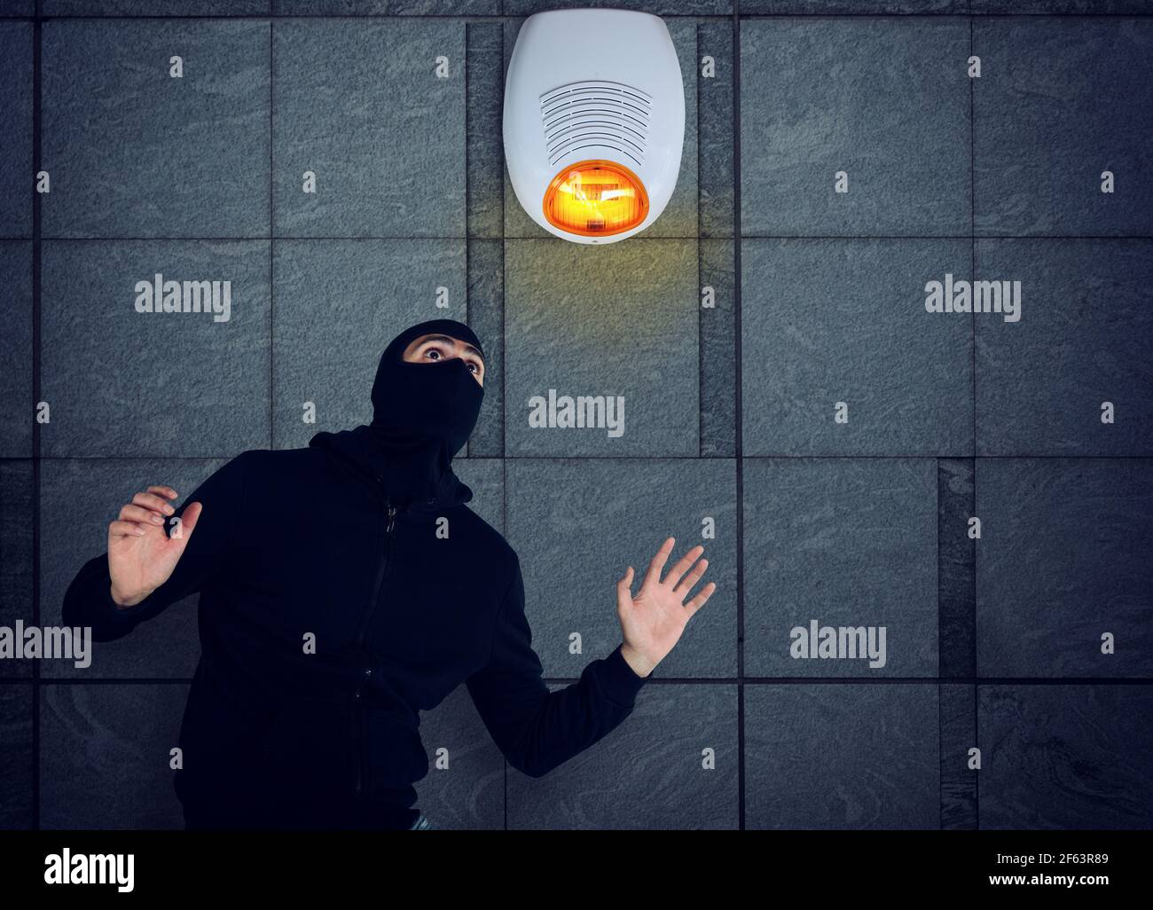 Thief with balaclava was spotted trying to steal in a apartment from the security alarm system. Scared expression Stock Photo