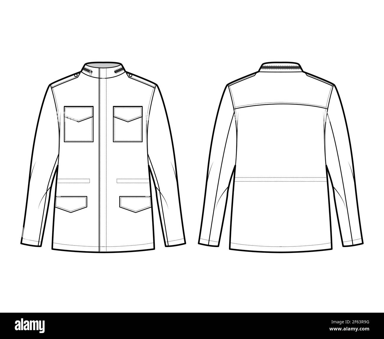 M-65 field jacket technical fashion illustration with oversized, stand collar, long sleeves, flap pockets, epaulettes. Flat coat template front, back white color style. Women men unisex top CAD mockup Stock Vector