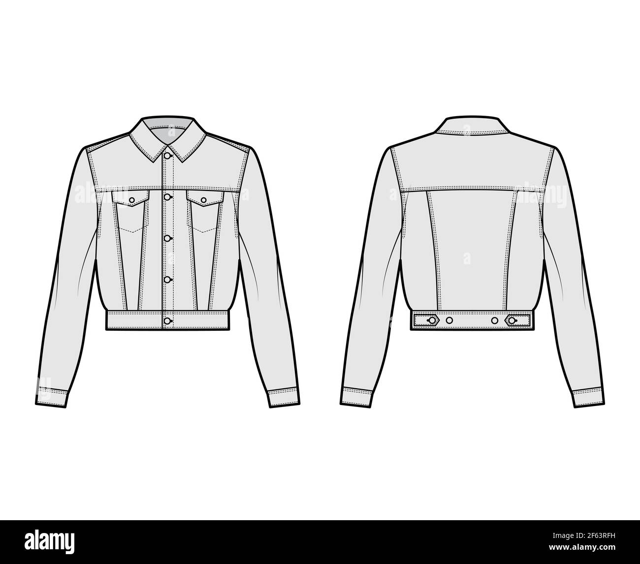 Cropped denim jacket technical fashion illustration with full waist length,  fitted body, flap pockets, button closure, classic collar. Flat front,  back, grey color style. Women, men unisex CAD mockup Stock Vector Image