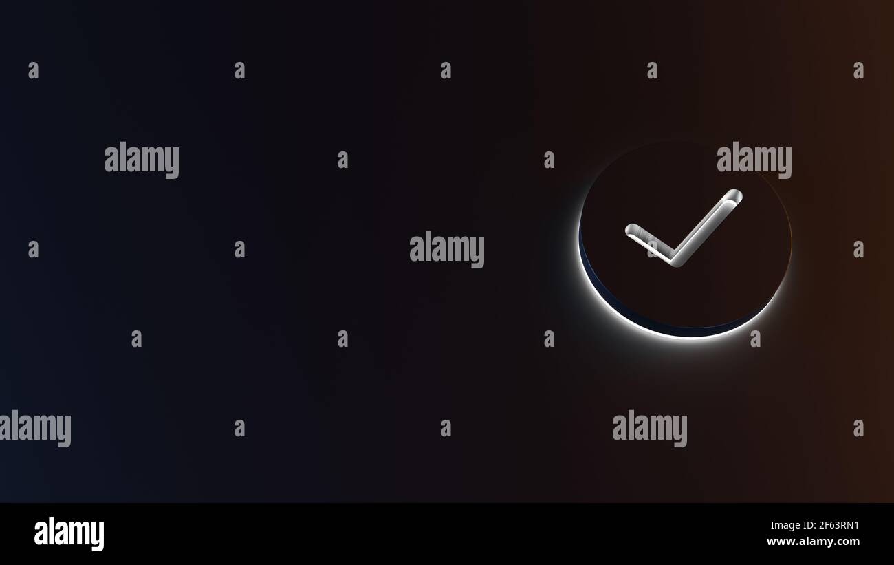 3d rendering of white light stripe symbol of check mark in circle on ...