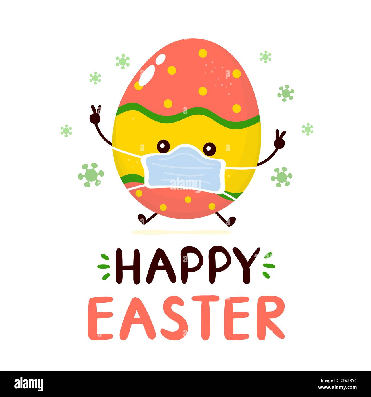 Cute happy smiling easter egg in medical mask character. Happy Easter card.Vector flat cartoon illustration icon design. Isolated on white background. Quarantine Easter, corona virus concept Stock Vector