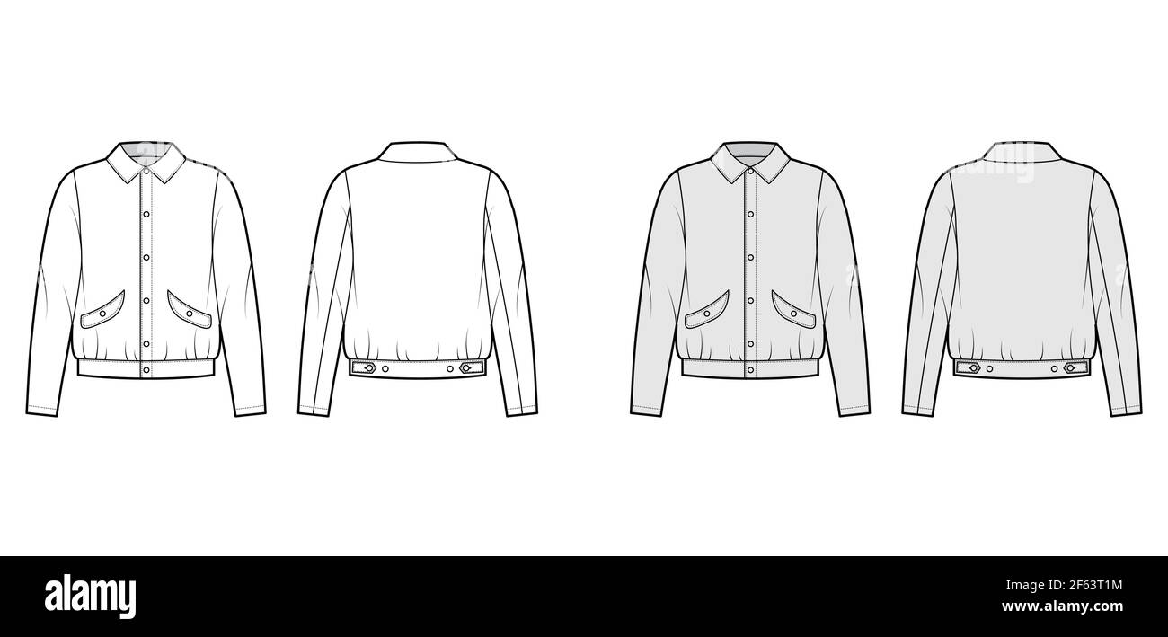 Blouson jacket technical fashion illustration with classic collar, oversized, long sleeves, flap pockets, snap. Flat coat template front, back white, grey color. Women men unisex top CAD mockup Stock Vector