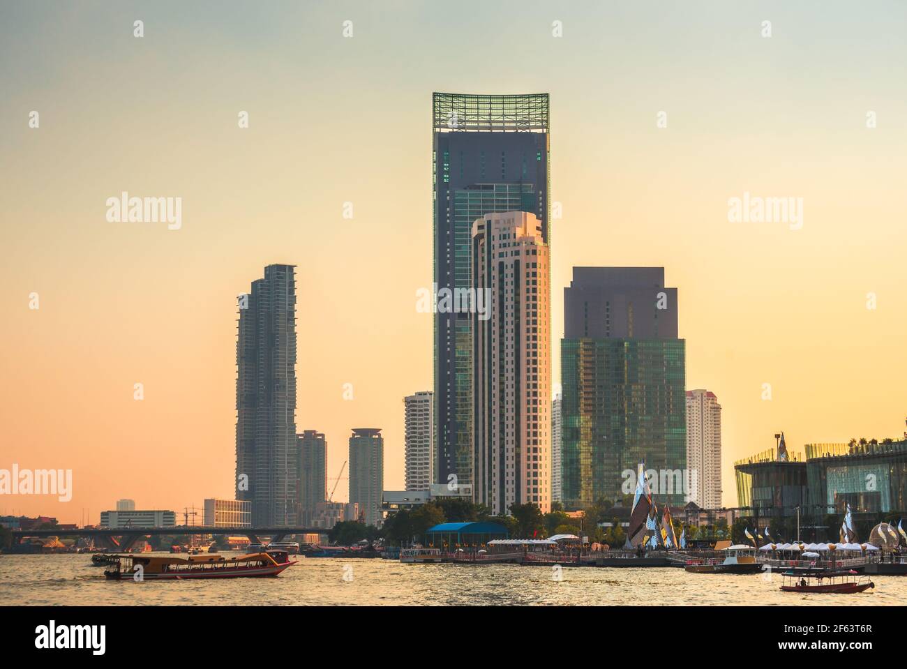 Bangkok Skyline with Skyscrapers and Traffic on Chao Phraya River as ...