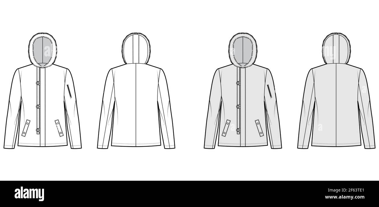 N-2B flight jacket technical fashion illustration with oversized, fur hood, long sleeves, flap pockets, button loop opening. Flat coat template front, back white grey color style. Women men CAD mockup Stock Vector