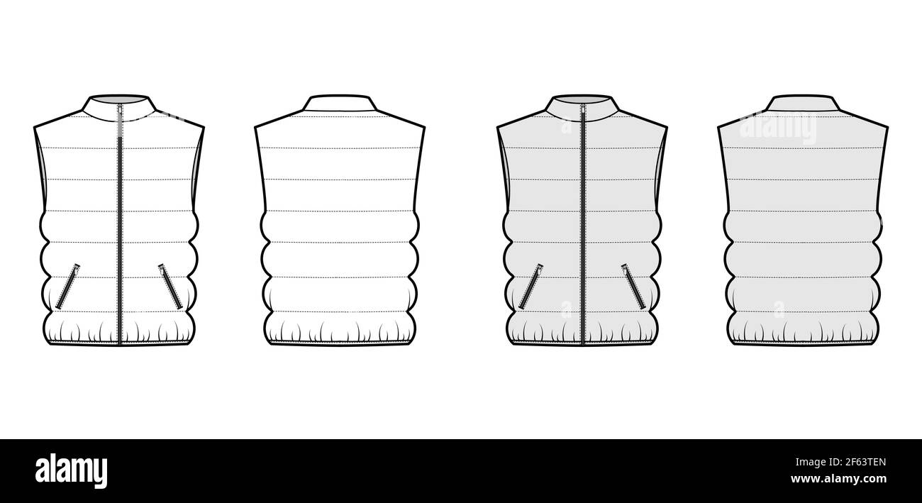 Down vest puffer waistcoat technical fashion illustration with sleeveless, stand collar, zip-up closure, pockets. Flat template front, back, white, grey color style. Women, men, unisex top CAD mockup Stock Vector