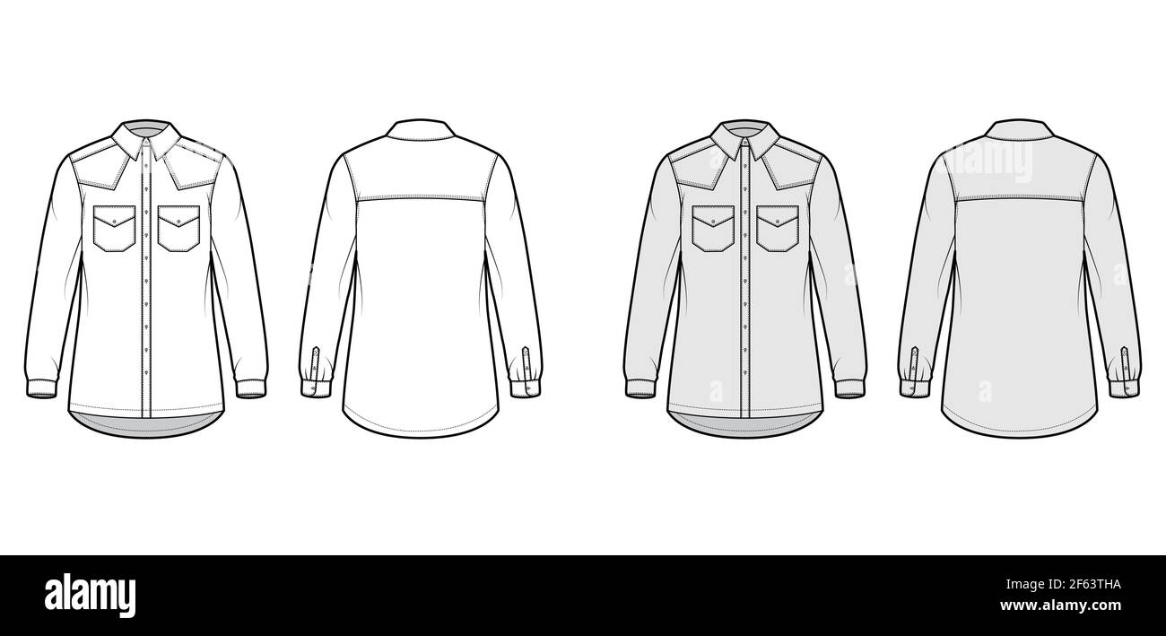 Denim shirt jacket technical fashion illustration with oversized body, flap pockets, button closure, classic collar, long sleeves. Flat apparel front, back, white, grey color. Women, men CAD mockup Stock Vector
