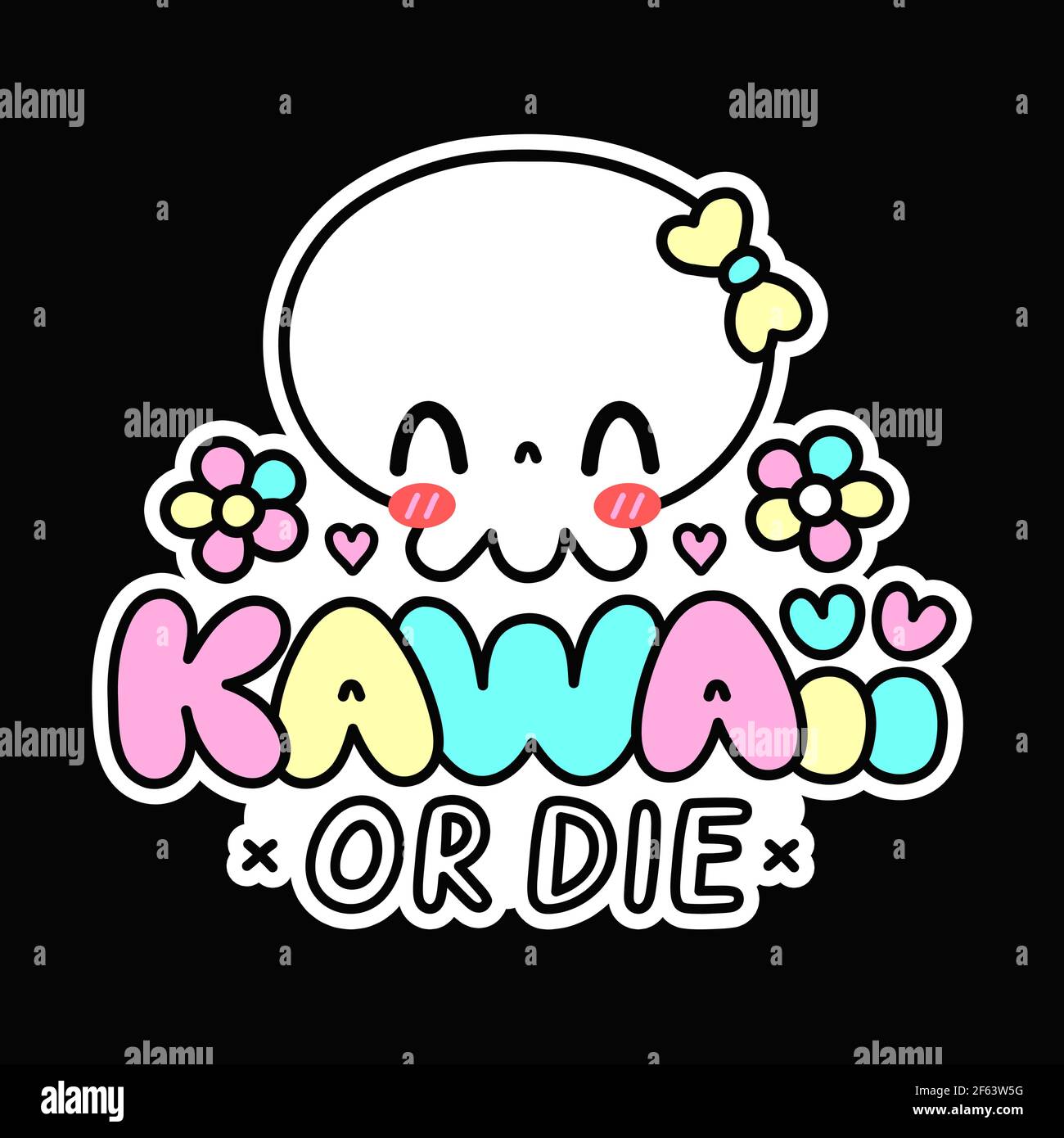 Cute funny skull character. Kawaii or die quote. Vector flat line