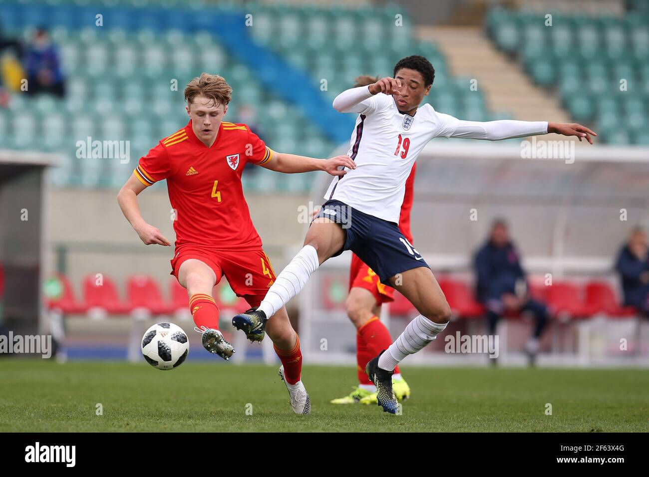 Cardiff, UK. 29th Mar, 2021. Daniel Jebbison of England U18's (r) and