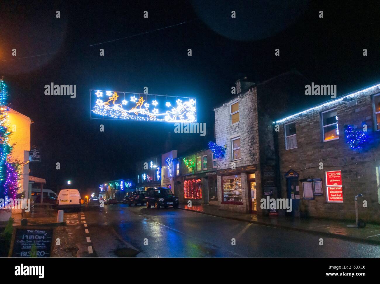 Christmas lights, Hawes, Yorkshire Dales National Park Stock Photo