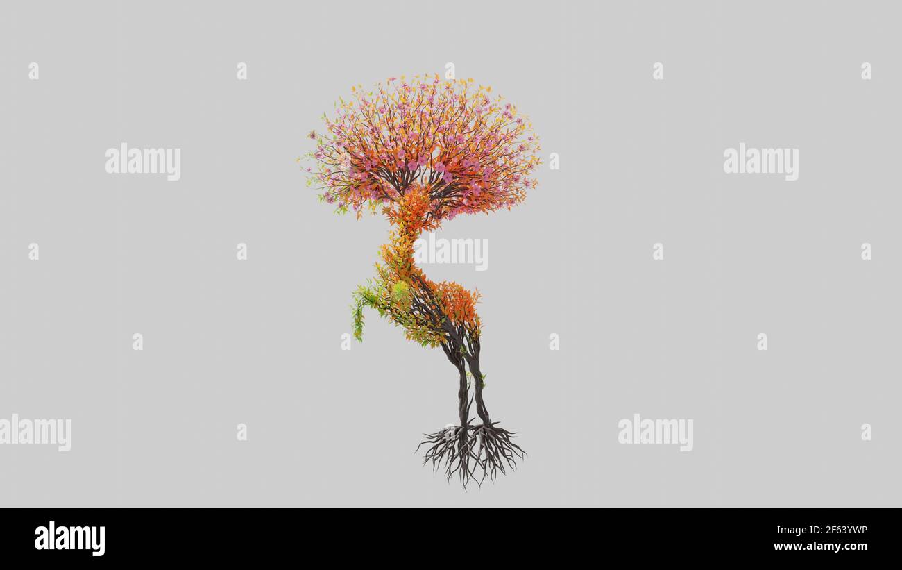 Tree in a shape of a deer. Seasonal transition on white background. Eco ...