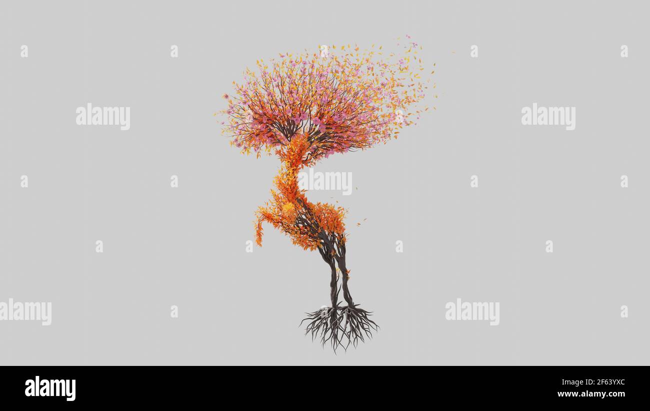 Tree in a shape of a deer. Seasonal transition on white background. Eco ...