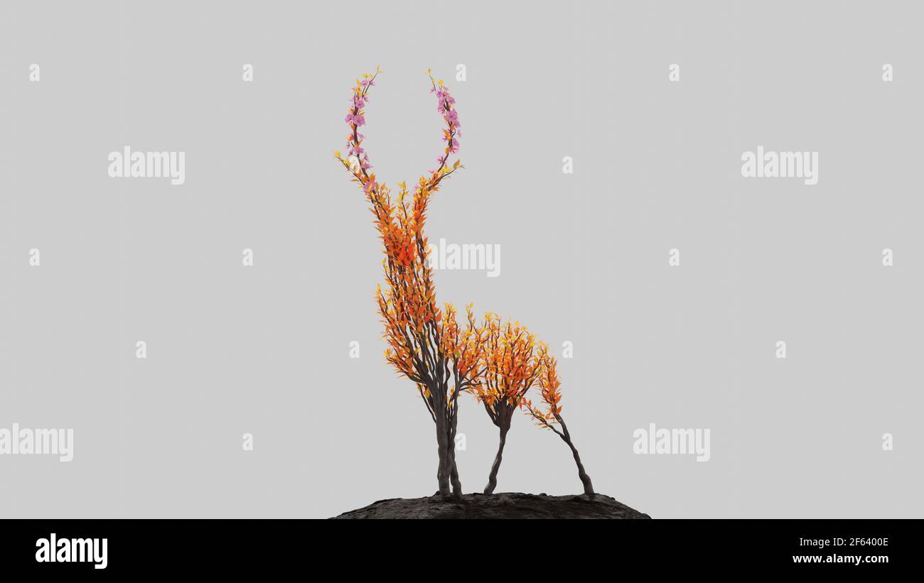 Tree in a shape of a deer. Seasonal transition on white background. Eco ...