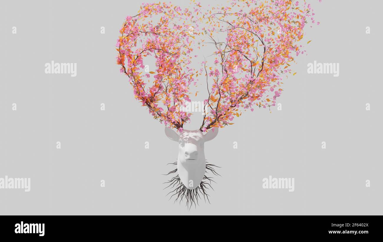 Tree in a shape of a deer head. Seasonal transition on white background ...