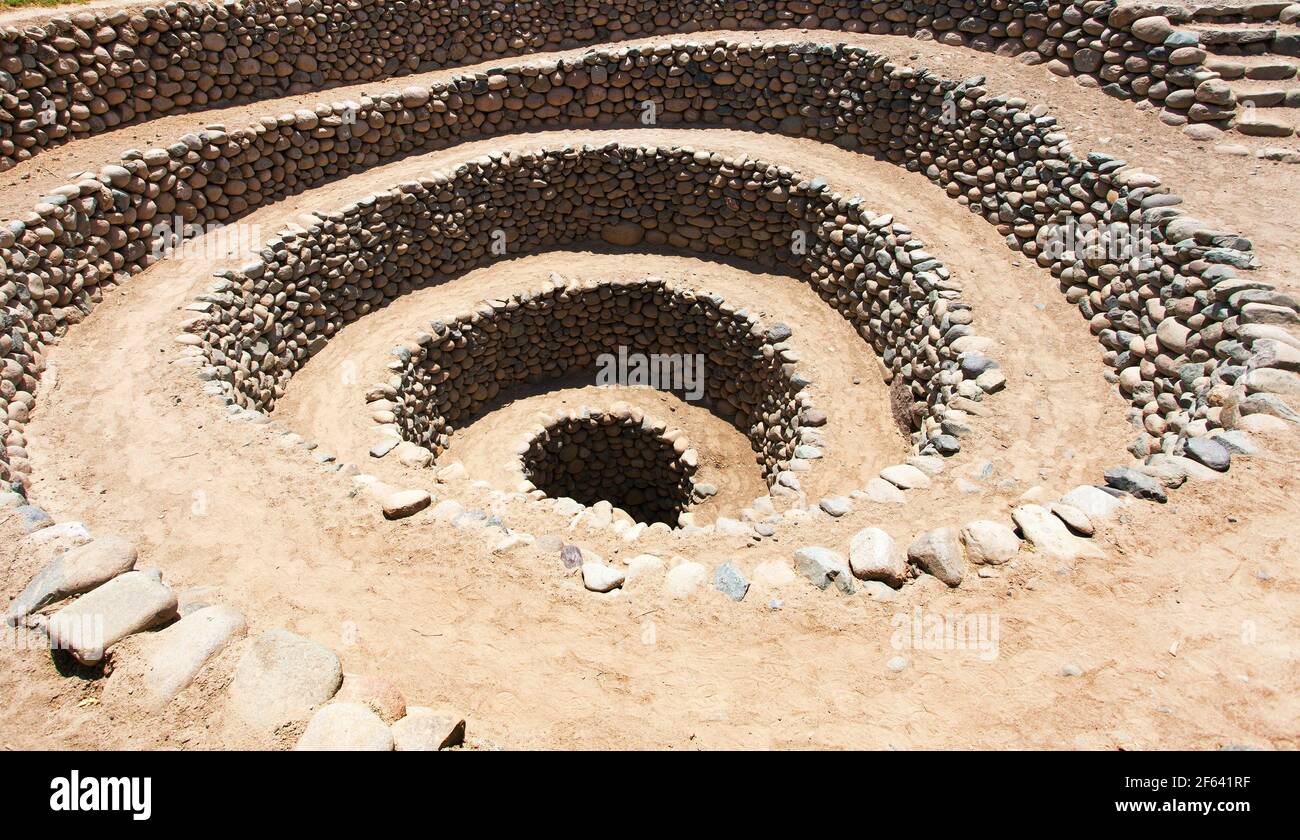 Cantalloc Aqueduct in Nazca or Nazca town, spiral  or circle aqueducts or wells, Peru, Inca architecture and culture Stock Photo