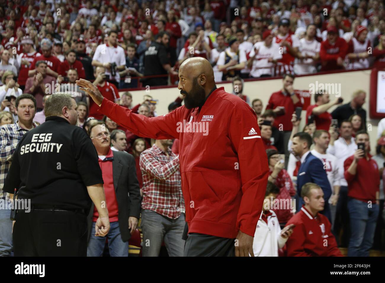 Former IU basketball player Mike Woodson (42) walks on the court of Assembly Hall as NCAA basketball coach. Bob Knight, who took the Indiana Hoosiers to three NCAA national titles, returns to Assembly Hall, Saturday, February 8, 2020 in Bloomington. Mike Woodson was named as the new IU basketball coach this Monday Mar 29th. Stock Photo