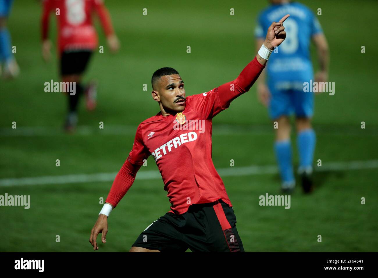 Fuenlabrada, Madrid, Spain, 29.03.2021C. F. Fuenlabrada against R. C. D. Mallorca match of the second division of Spanish soccer in match 31. Mallorca player Mboula Celebrate your goal Final score 4-1 winner Fuenlabrada with goals from the players Oscar Pichi 13 y 38  Nteka 41  and Pathe Ciss 73  Mallorca scores his player Mboula 56  Photo: Juan Carlos Rojas/Picture Alliance | usage worldwide Stock Photo