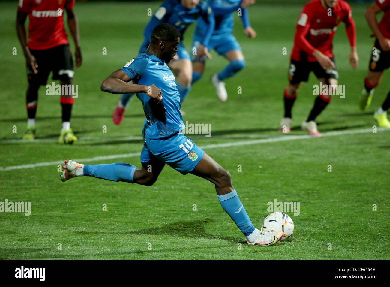 Fuenlabrada, Madrid, Spain, 29.03.2021C. F. Fuenlabrada against R. C. D. Mallorca match of the second division of Spanish soccer in match 31. Fuenlabrada player Nteka penalty goal Final score 4-1 winner Fuenlabrada with goals from the players Oscar Pichi 13 y 38  Nteka 41  and Pathe Ciss 73  Mallorca scores his player Mboula 56  Photo: Juan Carlos Rojas/Picture Alliance | usage worldwide Stock Photo