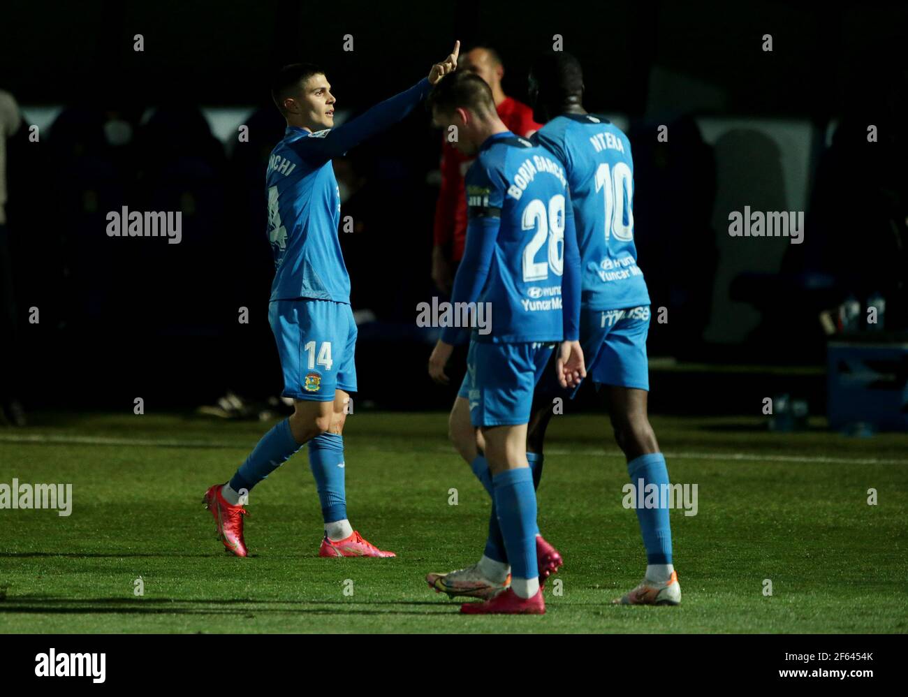 Fuenlabrada, Madrid, Spain, 29.03.2021C. F. Fuenlabrada against R. C. D. Mallorca match of the second division of Spanish soccer in match 31. Fuenlabrada player Oscar Pichi celebrate your goal Final score 4-1 winner Fuenlabrada with goals from the players Oscar Pichi 13 y 38  Nteka 41  and Pathe Ciss 73  Mallorca scores his player Mboula 56  Photo: Juan Carlos Rojas/Picture Alliance | usage worldwide Stock Photo