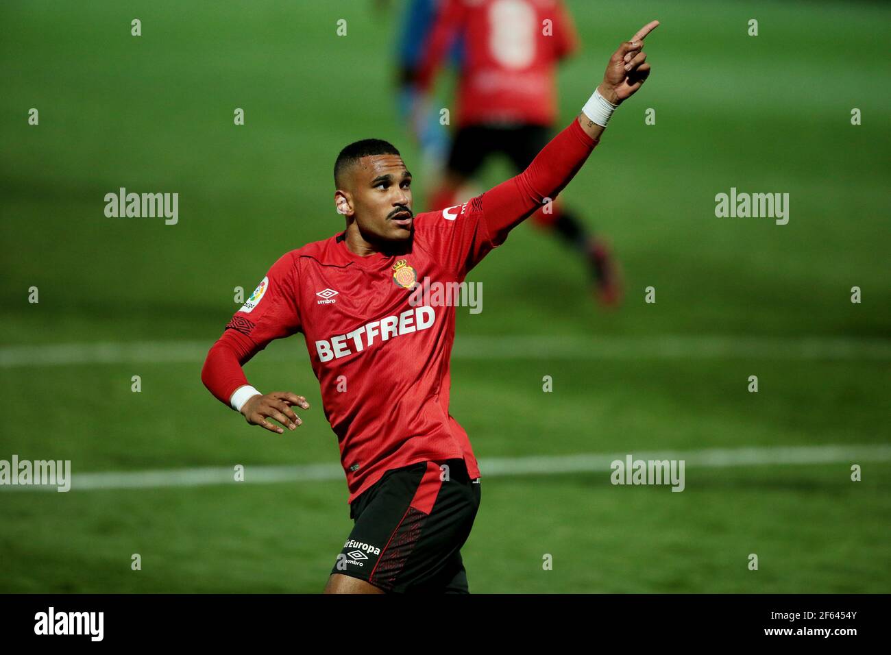 Fuenlabrada, Madrid, Spain, 29.03.2021C. F. Fuenlabrada against R. C. D. Mallorca match of the second division of Spanish soccer in match 31. Mallorca player Mboula Celebrate your goal Final score 4-1 winner Fuenlabrada with goals from the players Oscar Pichi 13 y 38  Nteka 41  and Pathe Ciss 73  Mallorca scores his player Mboula 56  Photo: Juan Carlos Rojas/Picture Alliance | usage worldwide Stock Photo