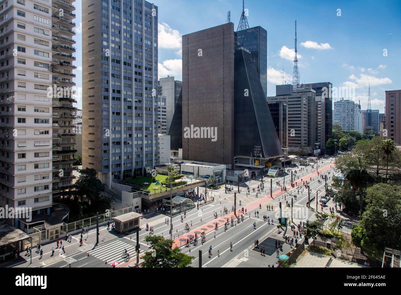 Pedestrians and bicycles on a Sunday, Paulista Avenue, Sao Paulo SP Brazil Stock Photo