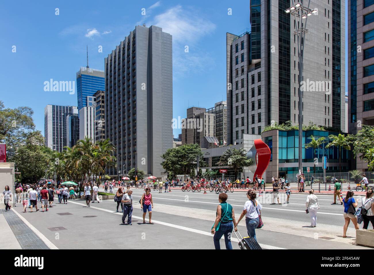 Pedestrians and bicycles on a Sunday, Paulista Avenue, Sao Paulo SP Brazil Stock Photo