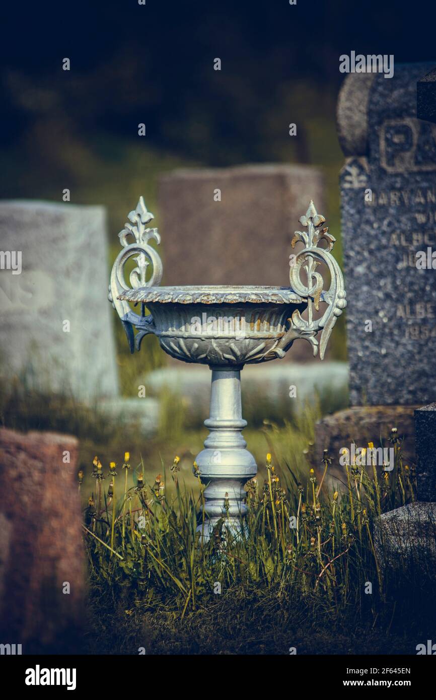 Decorative urn at an old abandoned cemetery in rural Ontario Stock Photo