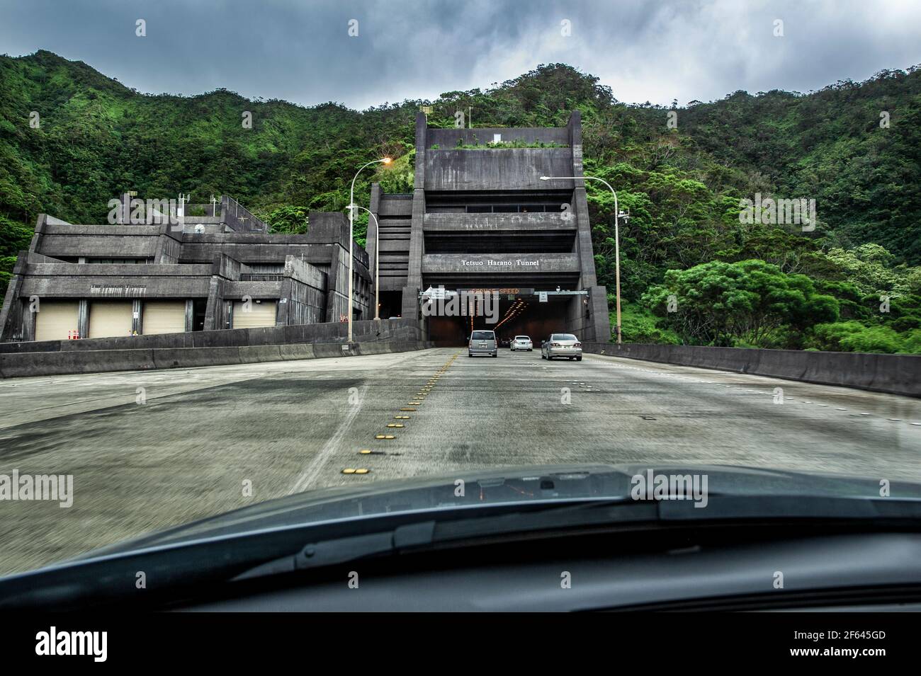 Cars entering Tetsuo Harano Tunnel on highway H3 on Oahu island