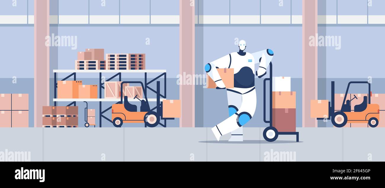 modern robot courier with cardboard parcels delivery service artificial intelligence concept Stock Vector