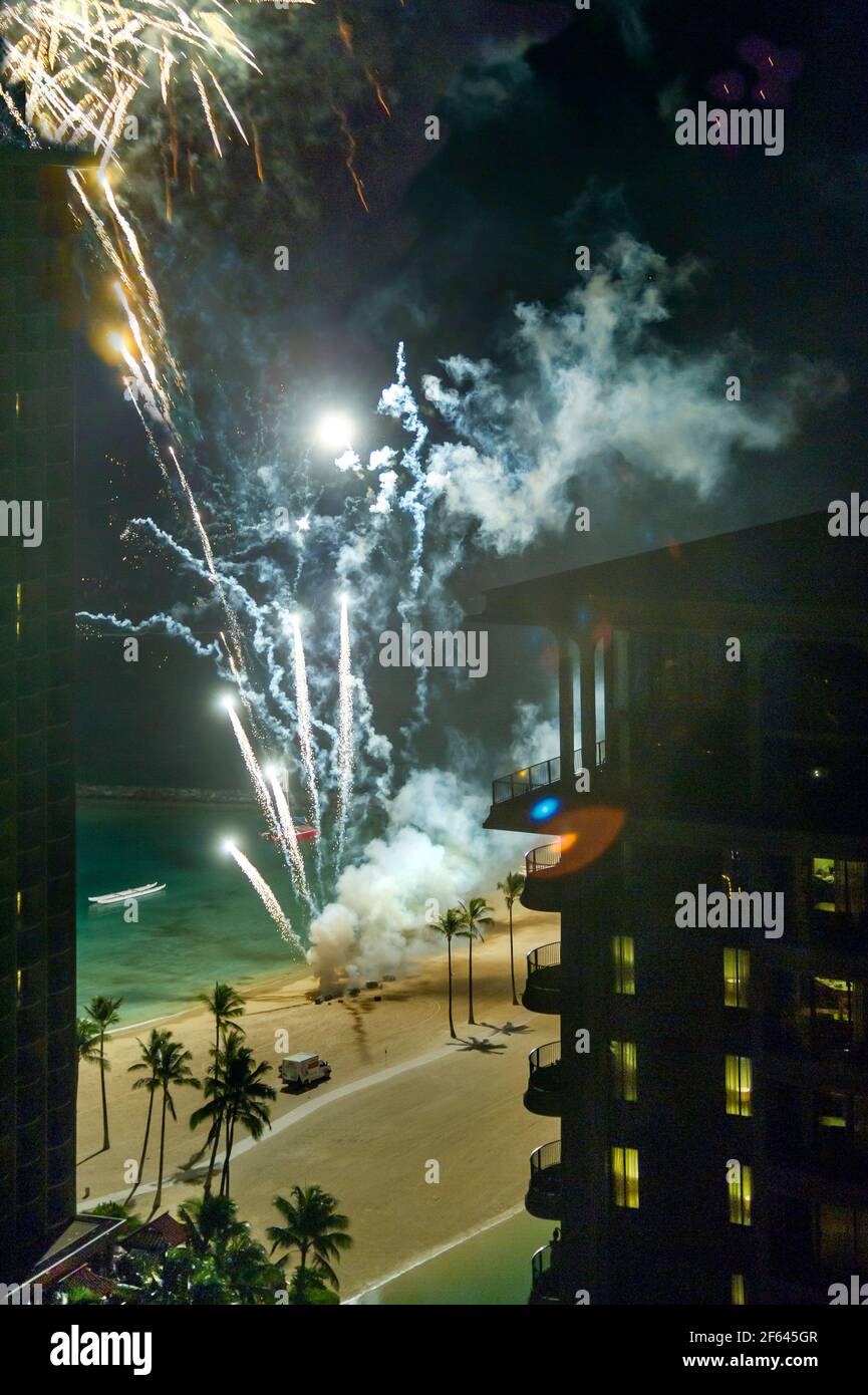 Fireworks in Hilton Hawaiian Village, Honolulu Stock Photo Alamy