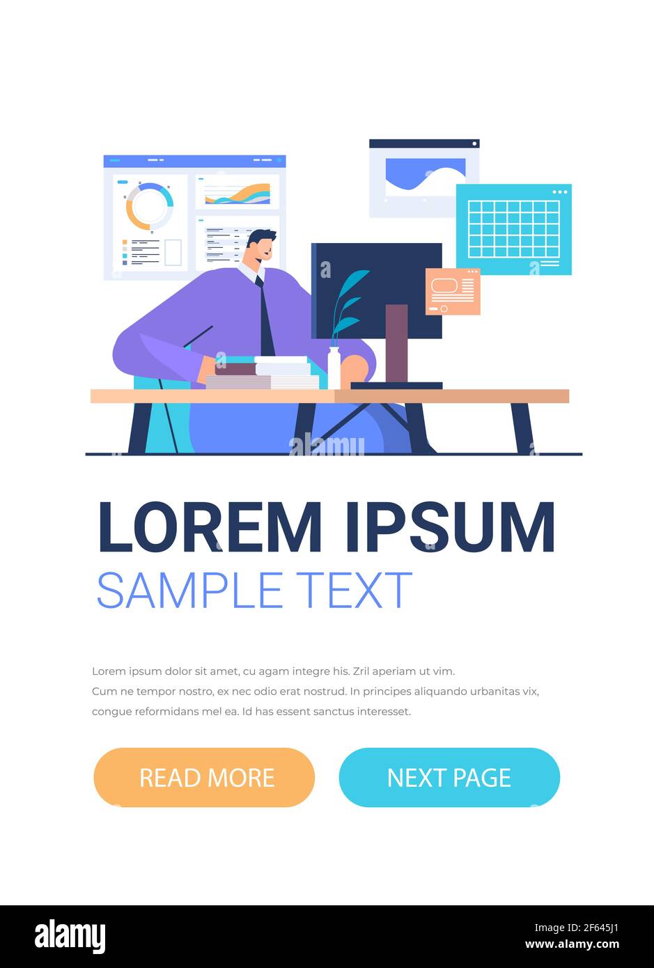 businessman at workplace analyzing charts and graphs data analysis process digital marketing planning company strategy Stock Vector