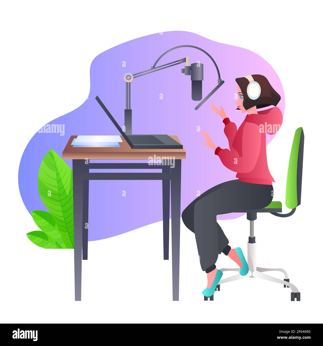 woman podcaster talking to microphone recording podcast in studio podcasting online radio concept Stock Vector