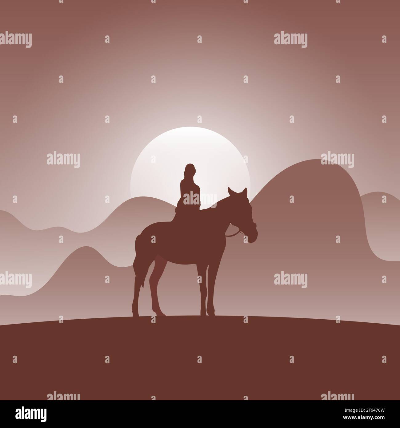 woman on horseback in brown gradient shade nature background illustration vector. Stock Vector