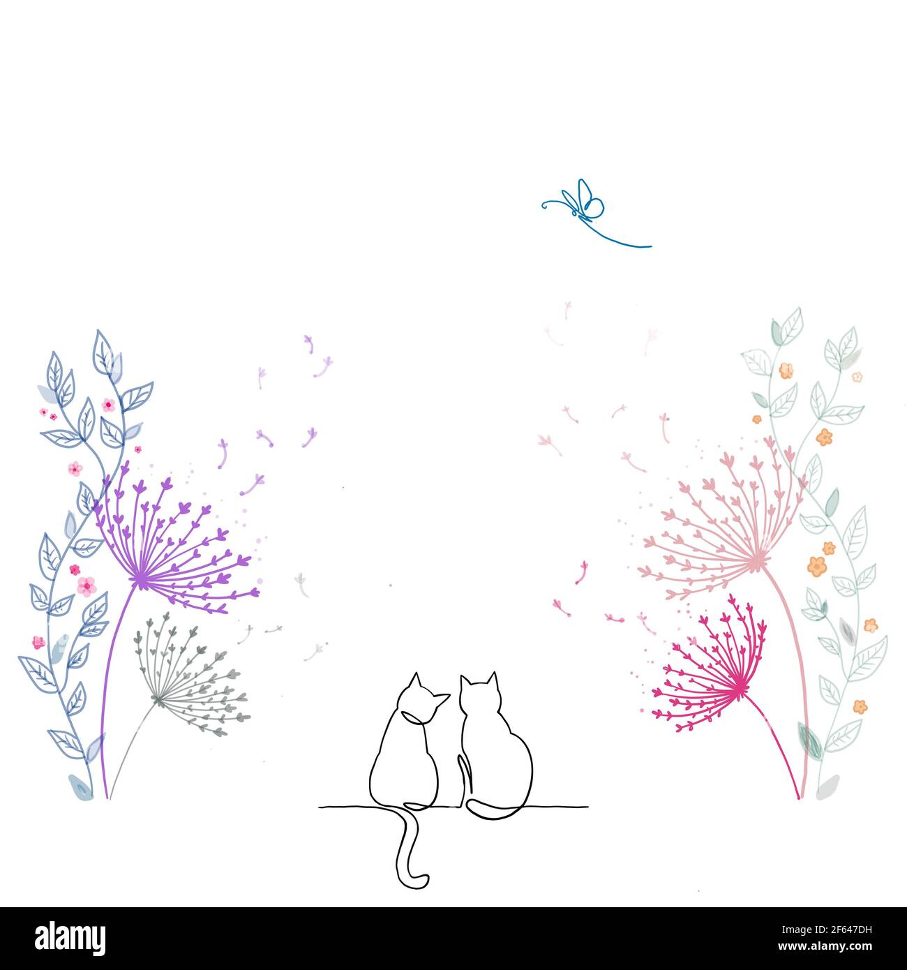 Cartoon free hand line drawing Cats, lovers and grass flowers in spring  Stock Photo - Alamy