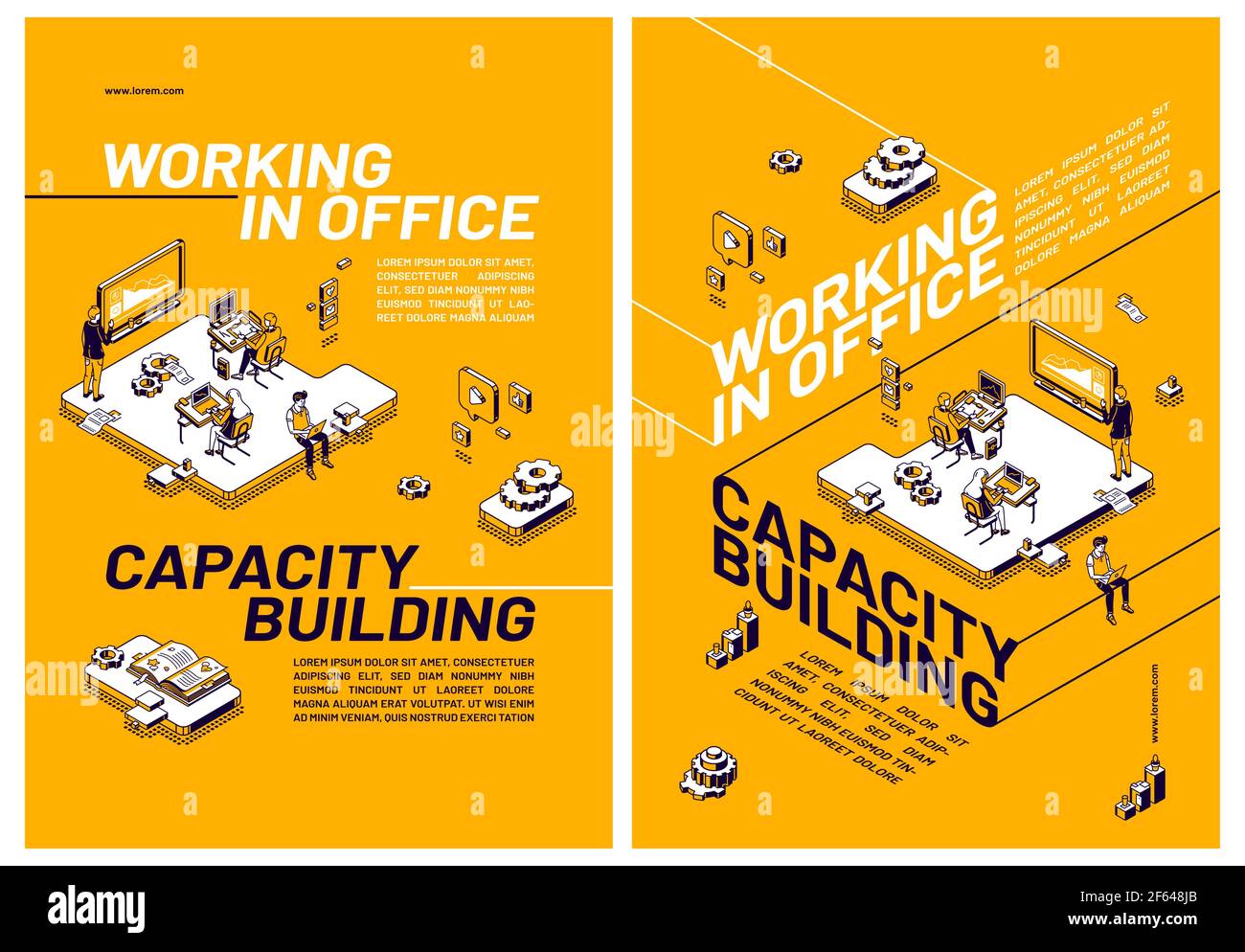 Capacity building by working in office concept. Posters with people that  improve skills and knowledge together. Vector flyers with isometric  workspace with computers and employees Stock Vector Image & Art - Alamy