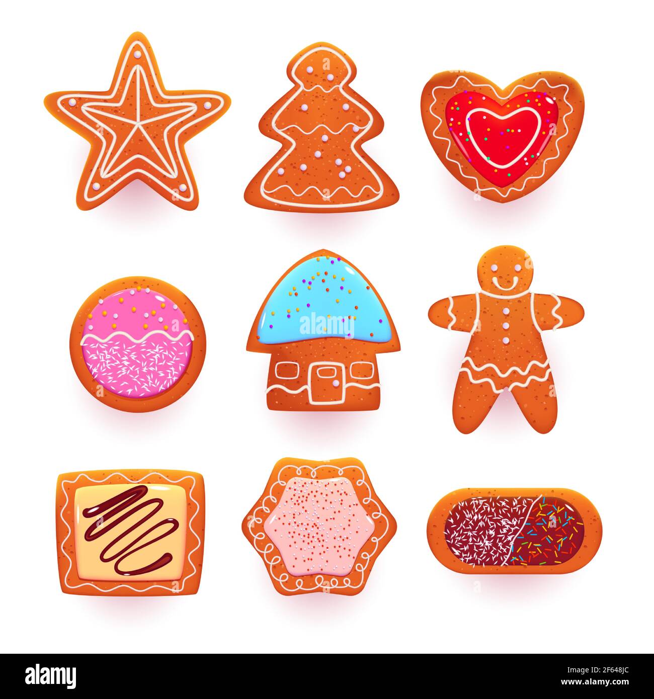 Gingerbread cookies, cartoon sweets in shape of star, christmas tree and heart, ginger man and house. Decorated pastry with icing and sprinkles isolated on white background, Vector illustration, set Stock Vector