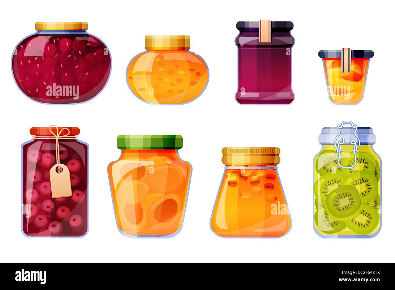 Glass jars with jam from strawberry, peach, cherry, sea buckthorn, kiwi and apricot. Vector cartoon set of sweet fruit conserves, jelly and marmalade isolated on white background Stock Vector