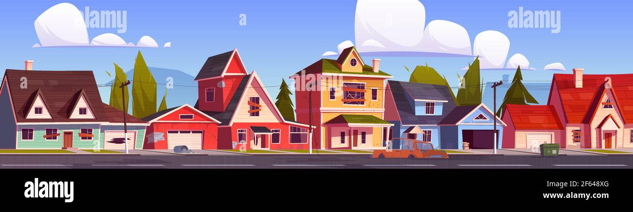 Abandoned suburb houses, suburban street with old residential cottages with boarded up windows and doors, holes in walls and destroyed cars, countryside neglected buildings Cartoon vector illustration Stock Vector